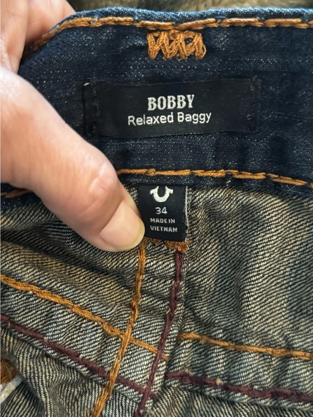 True Religion Men's Dark Blue Jeans with Orange Contrast Stitching